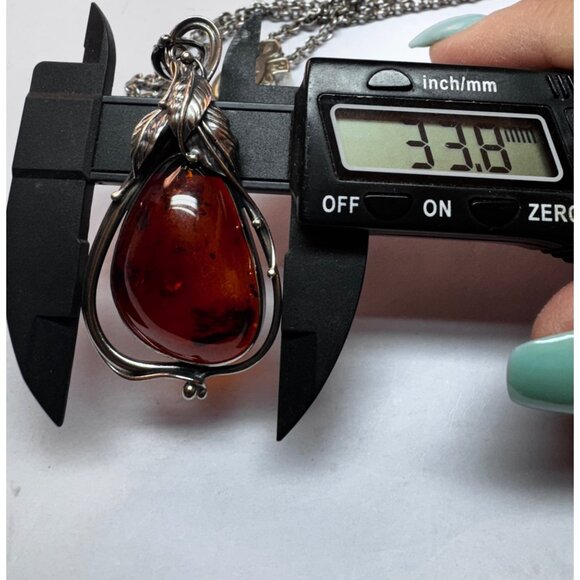 Estate Sterling Silver 925 Necklace w/ Large Amber Art Nouveau Pendant 26” - Picture 5 of 11